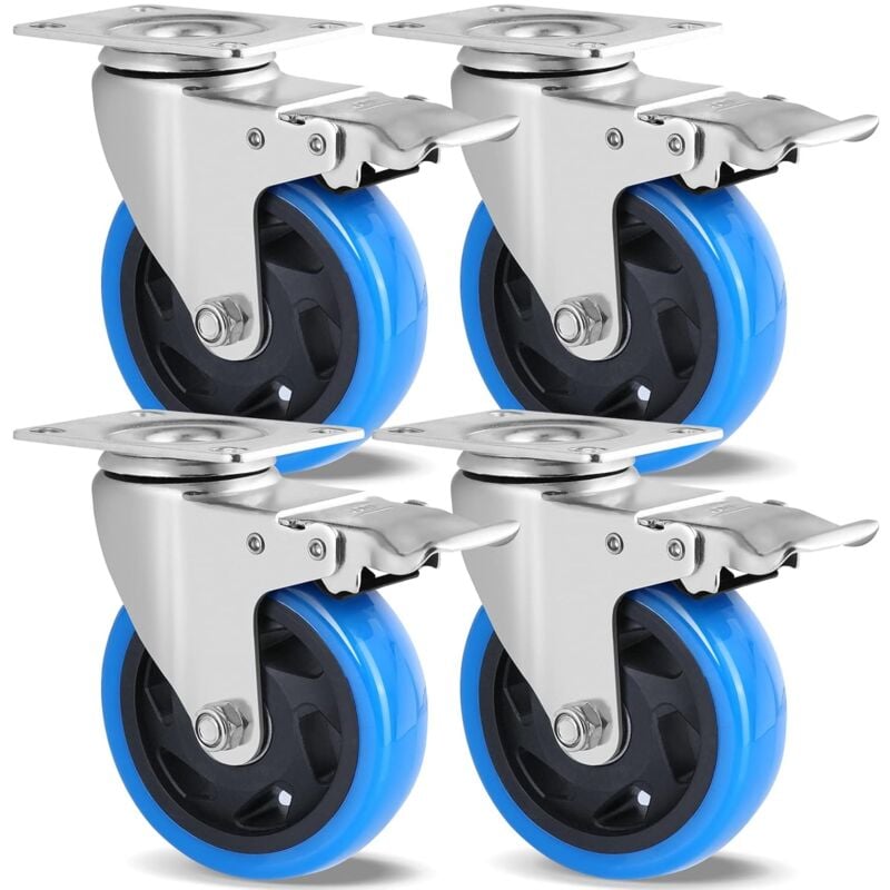 Lot de 4 Roulettes Pivotantes, Roulettes 100mm pour Meubles, Jusqu'à 600KG, Roulettes Charge Lourde avec Frein, Rotation à 360°, Roulettes