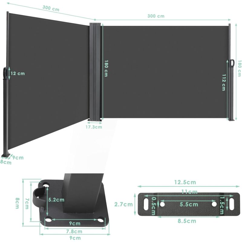 Store Latéral, Auvent Latéral Extensible,Paravent Exterieur Retractable,Brise Vue,Coupe-Vent,Imperméable,Protection Solaire,Gris (180 x 600 cm )