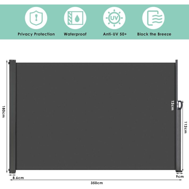 Store Latéral, Auvent Latéral Extensible,Paravent Exterieur Retractable,Brise Vue,Coupe-Vent,Imperméable,Protection Solaire,Gris (180 x 350 cm )