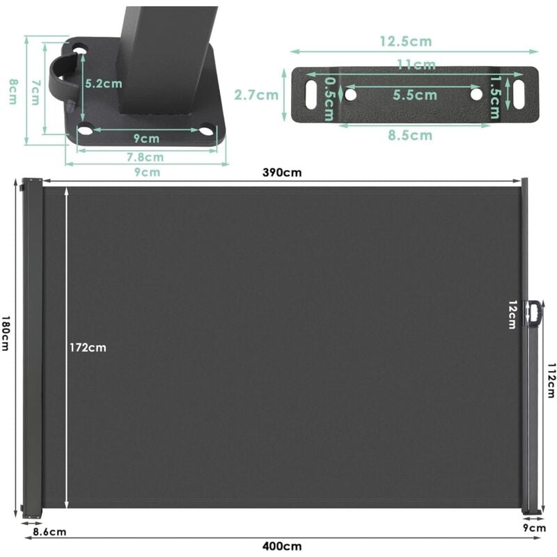 Store Latéral, Auvent Latéral Extensible,Paravent Exterieur Retractable,Brise Vue,Coupe-Vent,Imperméable,Protection Solaire,Gris (180 x 400 cm )