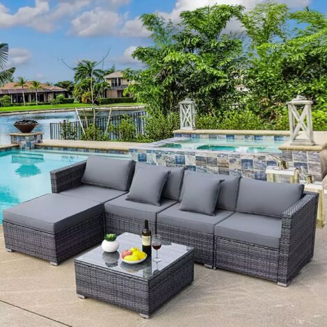LIFERUN Polyrattan Gartenmöbel Set 6-teilig, Wetterfest Balkonmöbel Set bis 7 Personen, Außen Terrassenmöbel inkl. Rattansessel Couchtisch, Lounge Set Sitzgruppe für Garten, Terrasse und Balkon,Grau