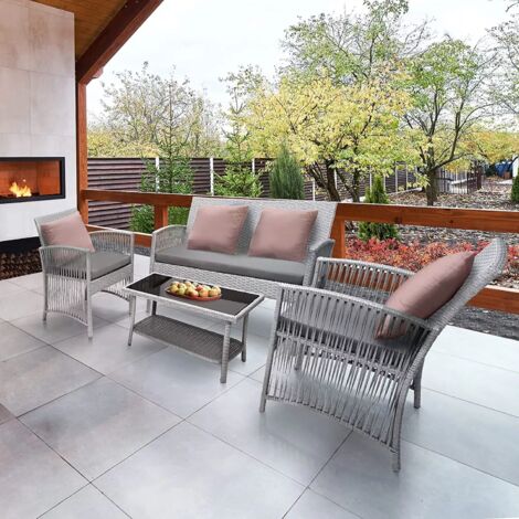 LIFERUN Rattan Gartenmöbel Set,4-Teilig,Platz für 4 Personen,1 x Doppelsofa+2 x Einzelsessel+1 x Couchtisch+3 x Sitzkissen, Balkonmöbel,Geeignet für Terrasse, Outdoor, Grau, Bequem, Atmungsaktiv und L