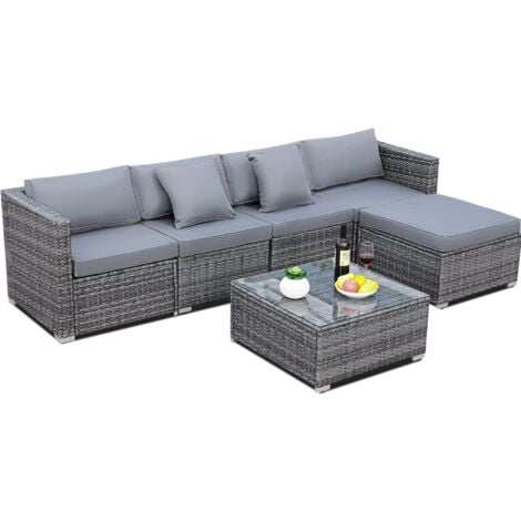 LIFERUN Salotto da Giardino Esterno in Rattan da 6 Pezzi, Salottino da Esterno Impermeabile per un Massimo di 6 Persone, Anti-UV Divanetto Tavolo da Giardino con Sedie, Set di Mobili Esterno, Grigio