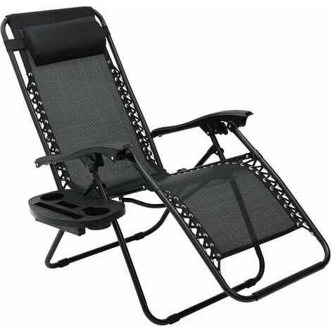 LIFERUN Sdraio da Giardino con Portabicchieri e Poggiatesta, Schienale Regolabile, Sdraio Pieghevole, Ergonomico e Traspirante, Sedia a Sdraio Nero