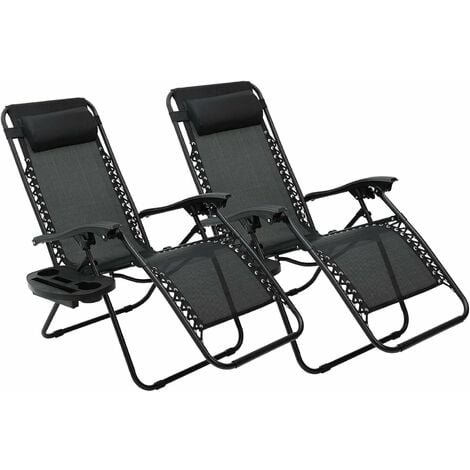 LIFERUN Set da 2 sdraio pieghevole con poggiatesta e schienale regolabili, per riposare il pranzo con portabevande ergonomiche e traspiranti, colore nero