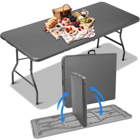 LIFERUN Table de Buffet Pliante 180x76 cm, Table Pliante Adaptée avec Poignée, Table de Jardin en HDPE Plastique pour fête Plage, Table de Camping pour 10 Personnes, Charge 150 kg, Rotin-Optique