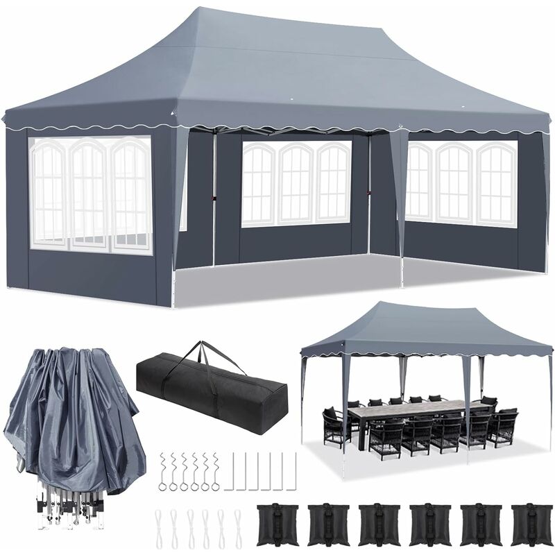 Tonnelle Pliante 3x6 m Imperméable, Tonnelle de Jardin avec 4 Parois Latérales, Tente de Jardin avec 12 Clou Moulu 6 Cordes et 6 Sacs de Sable,