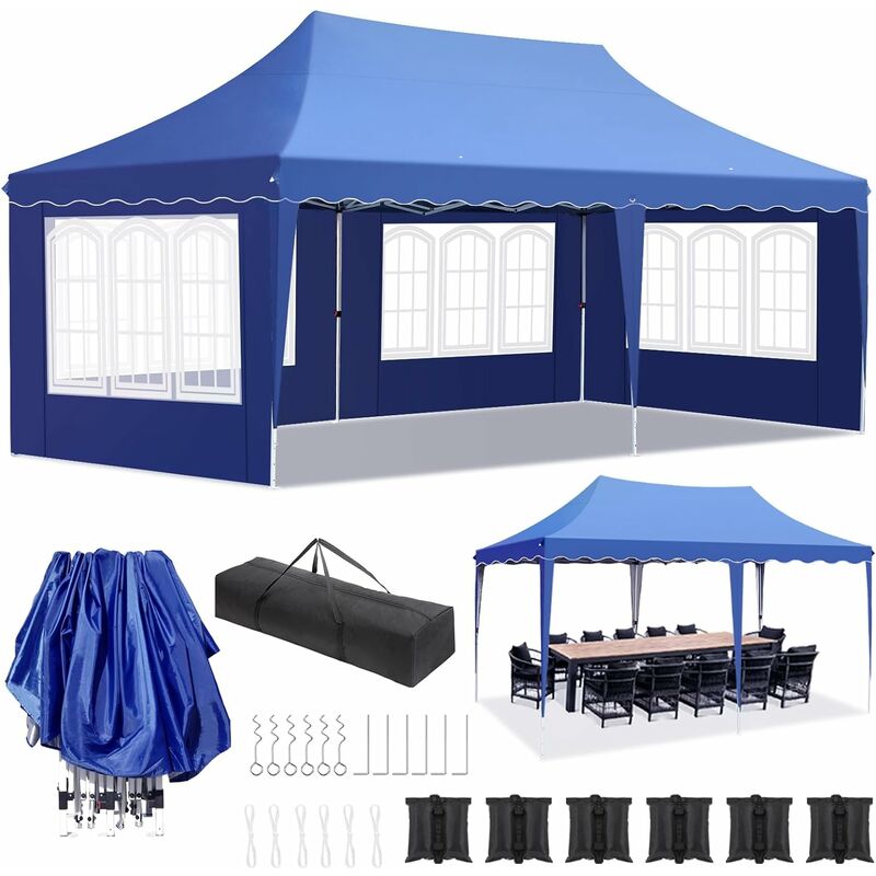 Tonnelle Pliante 3x6 m Imperméable, Tonnelle de Jardin avec 4 Parois Latérales, Tente de Jardin avec 12 Clou Moulu 6 Cordes et 6 Sacs de Sable,