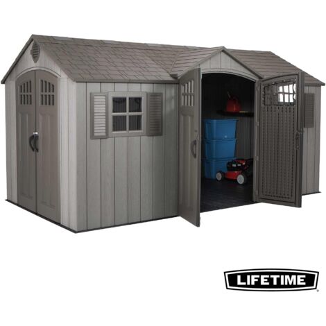 Lifetime – Abri de jardin en polyéthylène renforcé – Double entrée 4.57 x 2.44 m – Charpente acier inoxydable – Plancher HDPE antidérapant – 60318