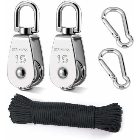 Lifting Pulley, 2 Pieces 15MM Pulley in 304 Stainless Steel, 2 Pieces M15 Single Pulley, For Ropes and Cables, with 8mm 20M Climbing Rope