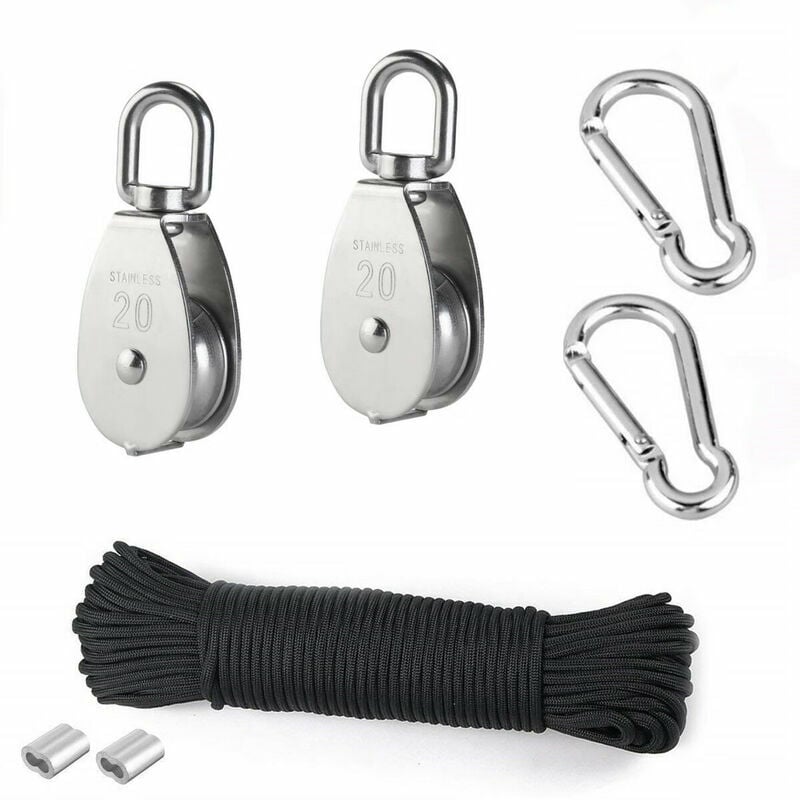 Lifting Pulley, 2 Pieces 20MM 304 Stainless Steel Pulley, 2 Pieces M20 Single Pulley, for Ropes and Cables, with 8mm Climbing Rope 20M