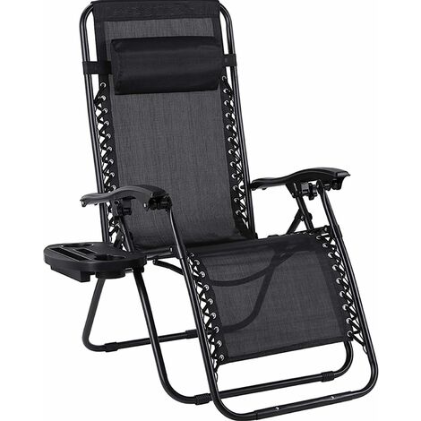 LIFURUN Sdraio da Giardino con Portabicchieri e Poggiatesta, Schienale Regolabile, Sdraio Pieghevole, Ergonomico e Traspirante, Sedia a Sdraio Nero