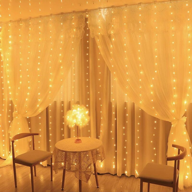 light chain rideau lumineux intérieur USB 2x2m 200led chaîne lumineuse, 10 crochets fenêtre rideau lumineux pour chambre à coucher fenêtre partie