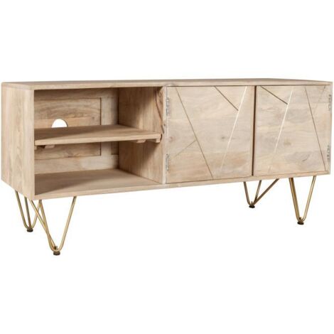 Light Gold Plasma Media Unit - Solid Mango Wood - L45 x W140 x H60 cm