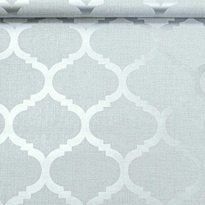 Light Grey Wallpaper Trellis Geometric Metallic Silver Feature Wall Linen Effect
