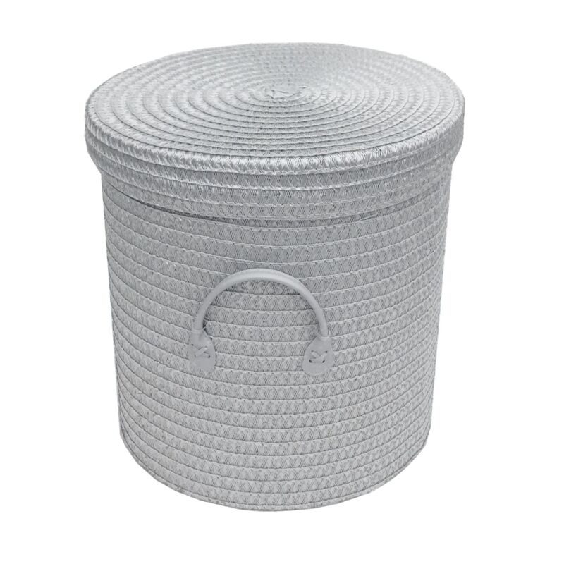 Strong Woven Round Lidded Laundry Storage Basket Bin Lined PVC Handle[Light Grey,Large 35 x 37 cm] [lrg]