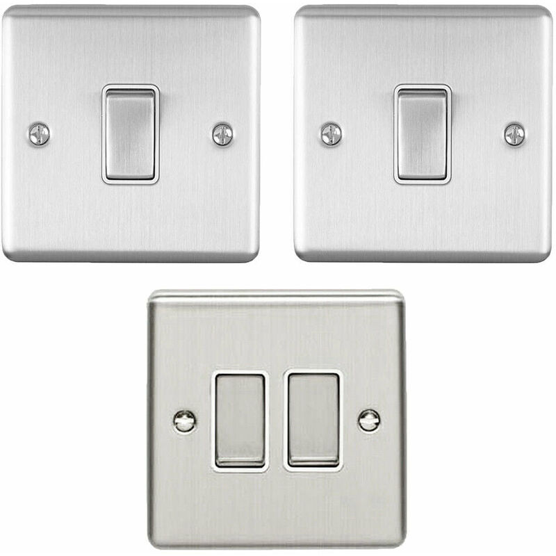 Light Switch Pack - 2x Single & 1x Double Gang - satin steel / Grey 2 Way 10A