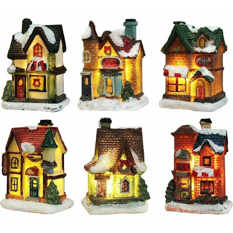 Light Up Christmas Village, Light Up Christmas House, Christmas Village Character Multicolor Lamp Indoor Miniature Christmas Decoration (6pc Set, 4.5