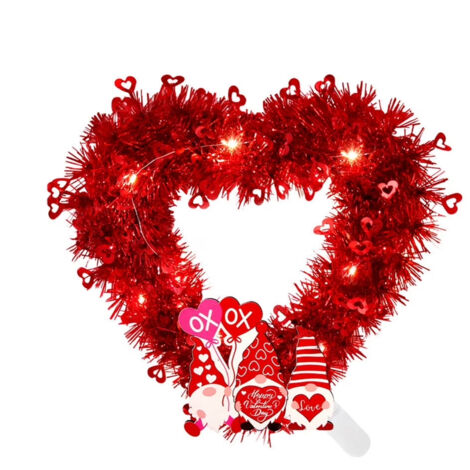 Light-Up Heart-Shaped Wreath for Valentine's Day, Ideal for Decorating Your Front Door, Small Heart-Shaped Wreath (With Lights)