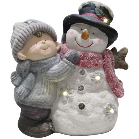 Light Up Snowman and Boy Christmas Ornament (Festive Xmas LED Lighted Figurine)