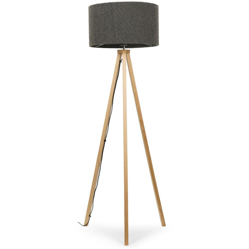 Light Wood Floor Lamp Large Tripod Wooden Base Boucle Lampshade Living Room - Charcoal + led Bulb