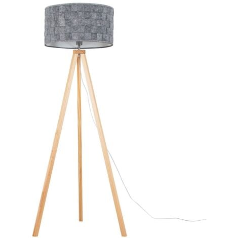 Light Wood Tripod Design Floor Lamp With Grey Felt Weave Design Cylinder Light Shade
