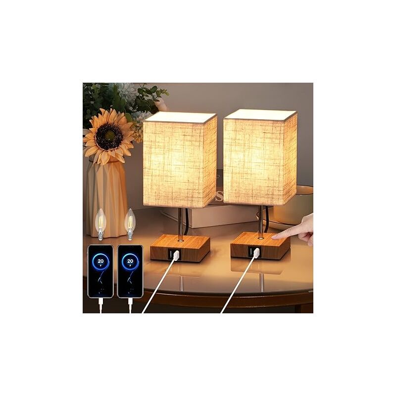 Lightess - 2pcs de Chevet Bois Lampe de Tactile (Blanc Chaud) Carré