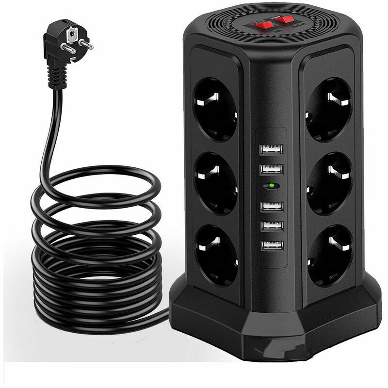 Lightning and Surge Power Strip Tower, Power Strip with 5 usb Ports and 12 Outlets, Power Strip with and 3 Switches, Black