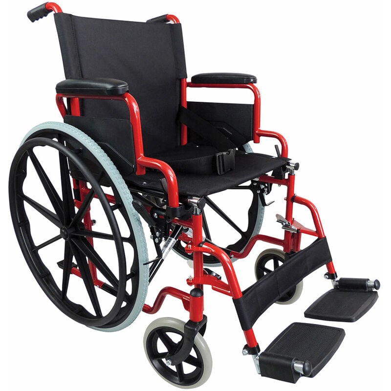 Lightweight Self Propelled Steel Transit Wheelchair - Foldable Design - Red