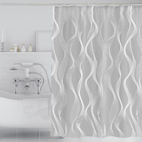 ligne Blanche Ondule Rideau De Douche Avec Des Crochets, 180x200cm Rideaux De Douche, Anti Moisissure Rideau De Salle De Bain Tissu Polyester Lava