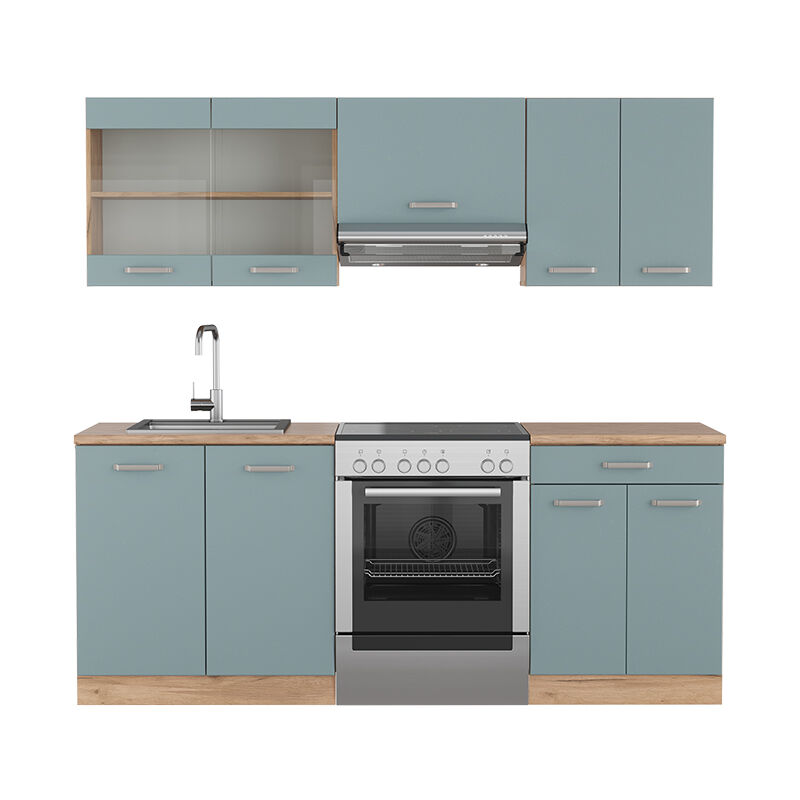 Cuisine R-Line, Bleu-gris/chêne doré, 200 cm , PT Chêne, Vicco