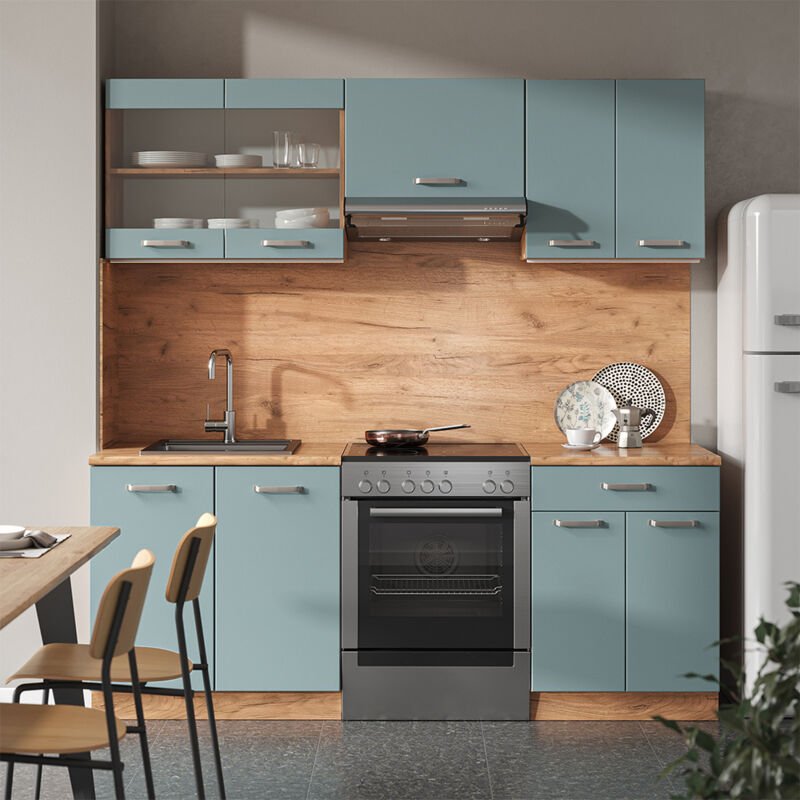 Vicco - Cuisine R-Line, Bleu-gris/chêne doré, 200 cm sans plan de travail
