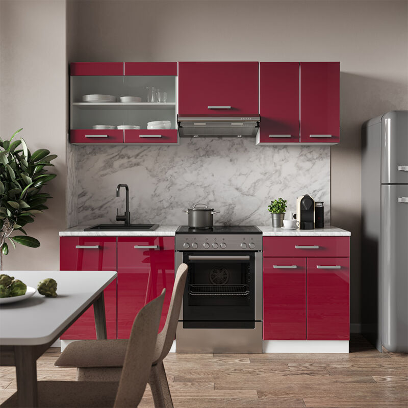 Vicco - Cuisine R-Line, Bordeaux haute brillance/blanc, 200 cm sans plan de travail