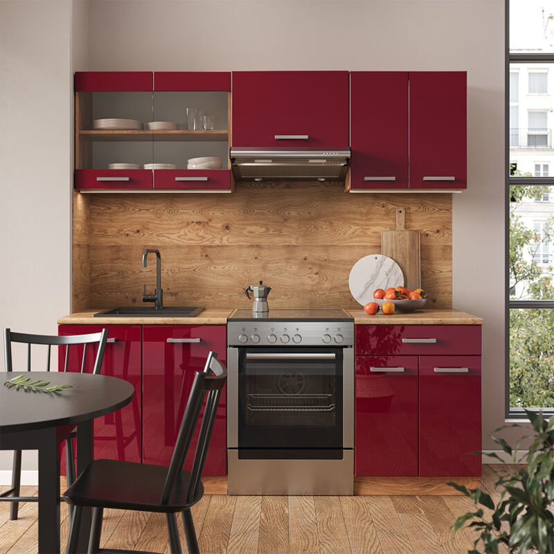 Vicco - Cuisine R-Line, Bordeaux brillant/Chêne doré, 200 cm sans plan de travail