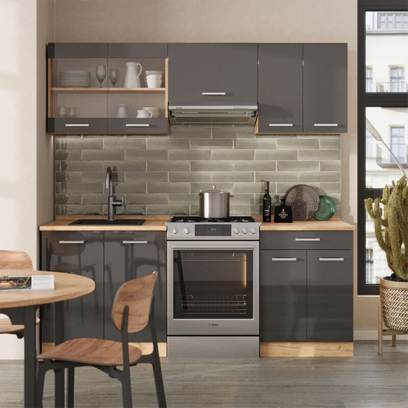 Vicco - Cuisine R-Line, Anthracite brillant/Chêne doré, 200 cm sans plan de travail