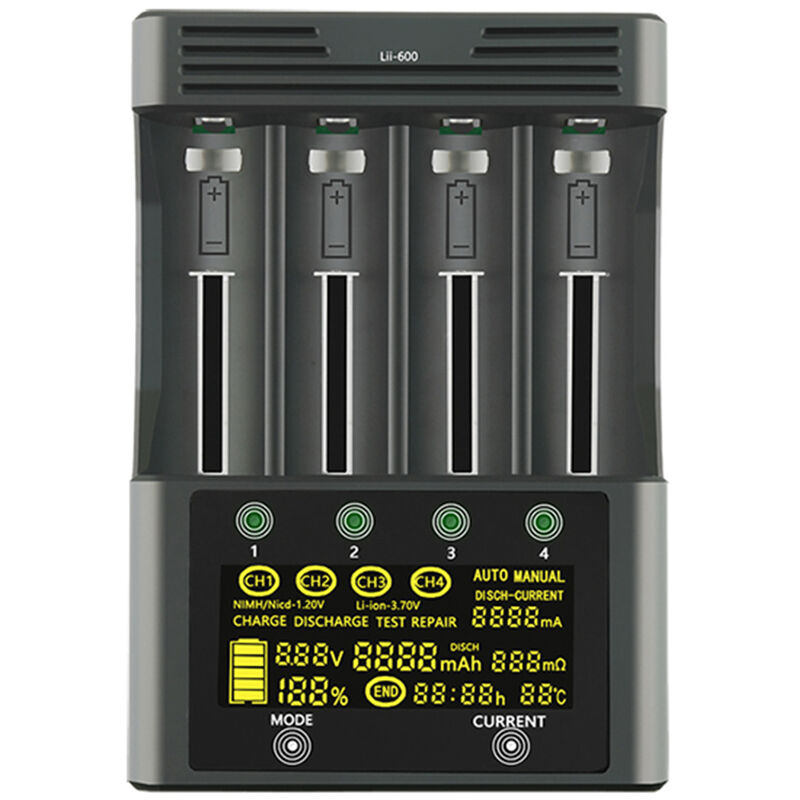 

lii-600 Li-ion-3.7V Ni-MH1.2V Cargador de bateria 4 ranuras Carga independiente portatil 18350 16340 14500 Cargador de bateria, Negro, enchufe de la