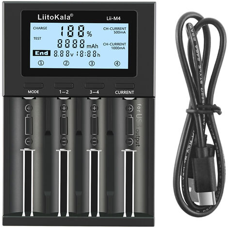 LIITOKALA LII-M4 Chargeur de batterie 4 emplacements avec écran LCD pour 18650 26650 14500 AA AAA Lithium NiMH Chargeur de batterie rechargeable intelligent