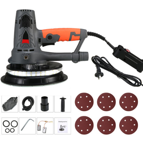 Lijadora eléctrica para placas de yeso de 1250 W con 6 discos de lijado, velocidad variable de 0 a 3000 rpm, sistema automático de extracción de polvo, doble iluminación LED, bolsa y borde desmontable