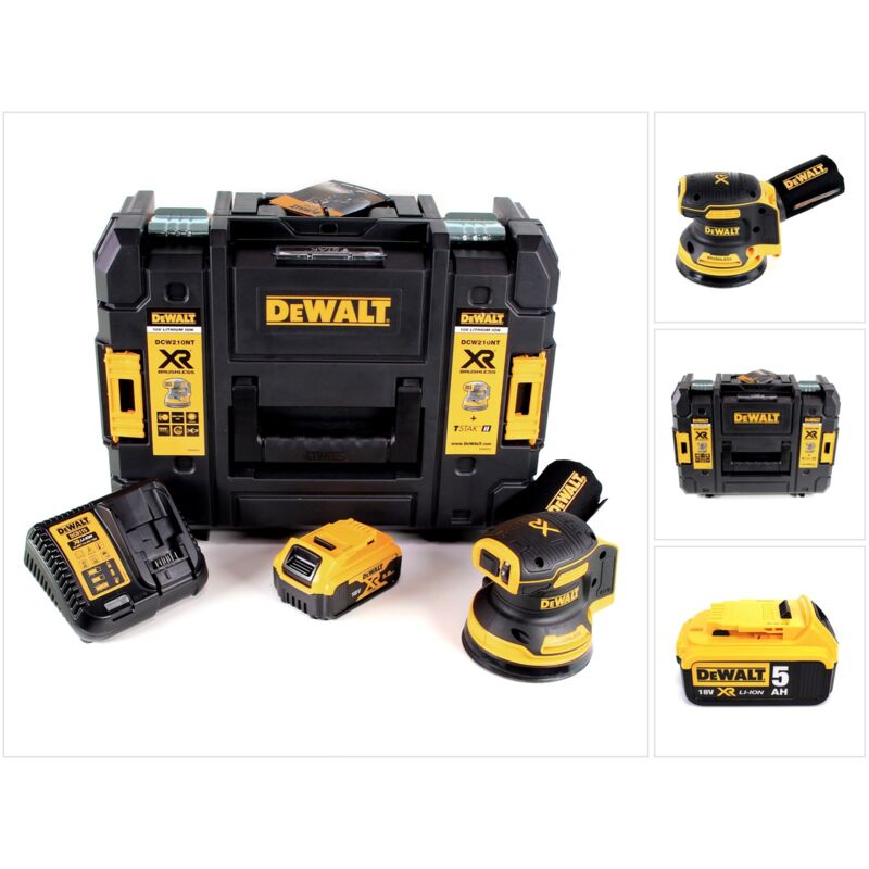 Lijadora excéntrica sin cable y sin escobillas DeWalt DCW 210 P1 18V 125 mm + 1x batería 5,0 Ah + cargador + maletín de transporte