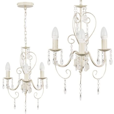 Lille Distressed Cream Ornate Vintage Shabby Chic 3 Way Ceiling Light Chandelier with Acrylic Jewels
