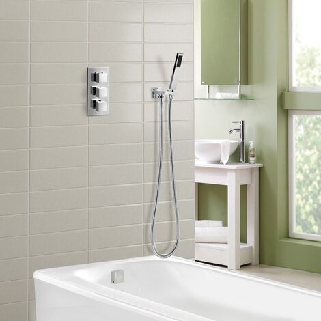 Lilly 3 Dial 2 Way Square Concealed Thermostatic Mixer Valve, Slim Square Handset & Bath Filler Chrome