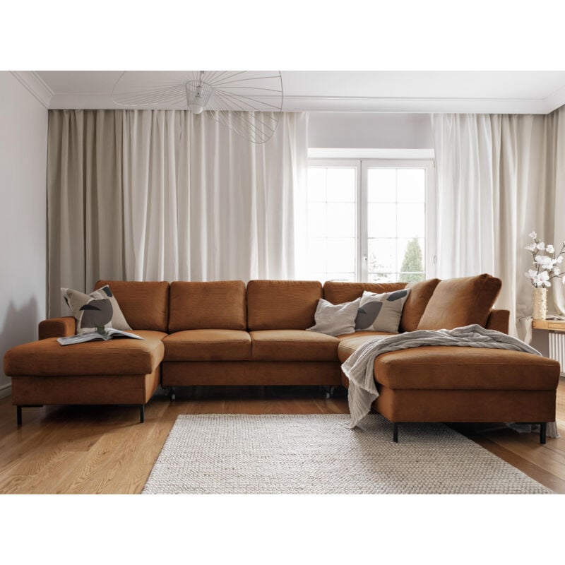 Bestmobilier - Lilly - canapé panoramique d'angle droit - 7 places - convertible avec coffre - en velours côtelé - rouille