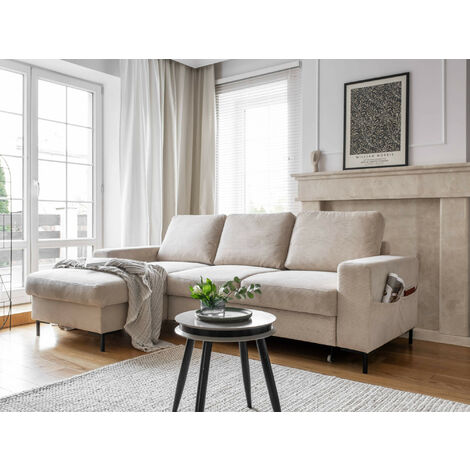 Lilly - canapé d'angle convertible - avec coffre - en velours côtelé - 4 places - style contemporain - gauche - beige - Beige