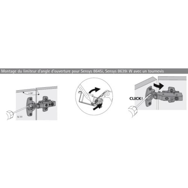 Limiteur d'angle d'ouverture pour charnière Sensys 8645i 110 à 90°, finition gris - HETTICH
