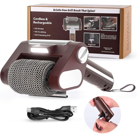 Limpiador de parrilla eléctrico: cepillo para parrilla inalámbrico y recargable con ruedas de acero inoxidable de 350 rpm, luz LED, apto para lavavajillas, adecuado para parrillas a gas (marrón).