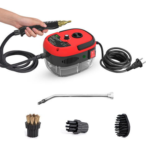 Limpiador de vapor de mano portátil de 2500 W, máquina de limpieza a vapor presurizada de alta temperatura con cabezales de cepillo para muebles de cocina, baño, coche, rojo