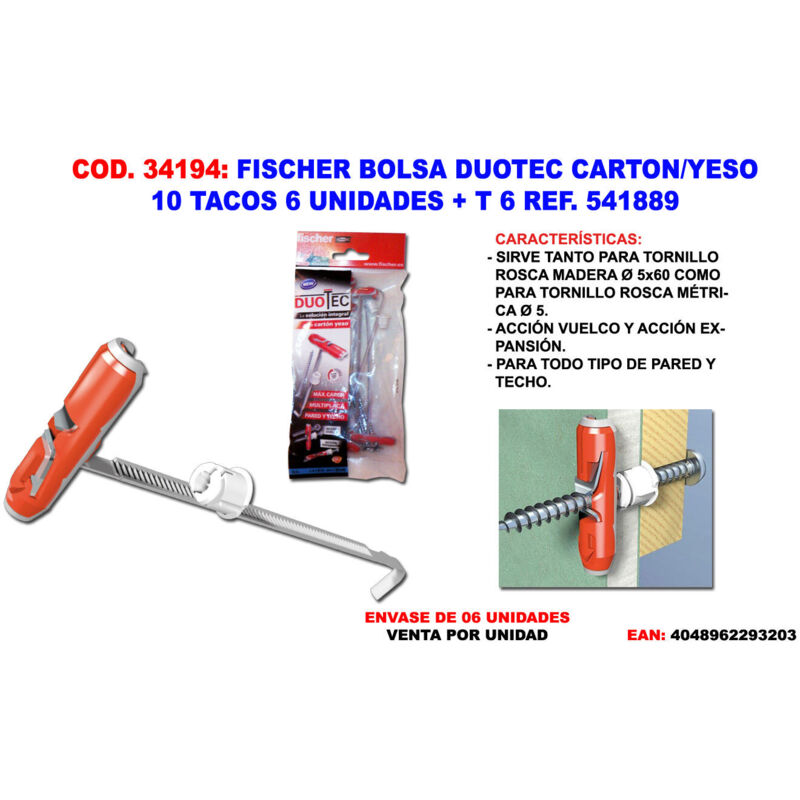 Fischer Duotec Sac Carton/Plâtre 10 Blocs 6 Unités + T 6 Réf 541889