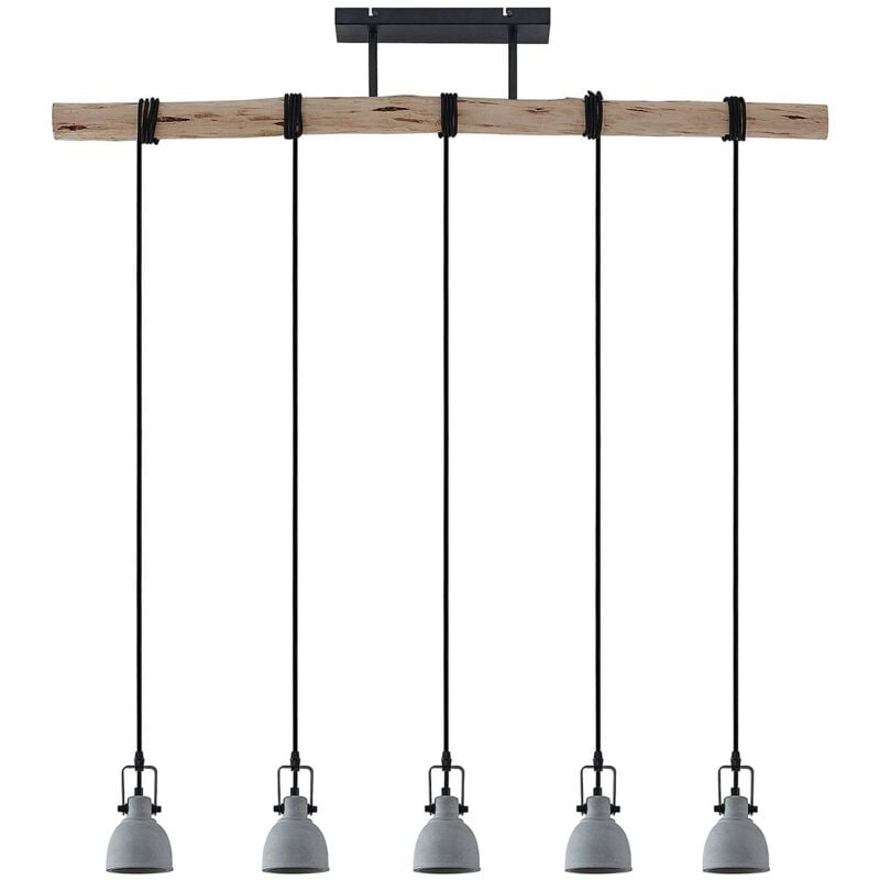 Image of Amilia a sospensione, cemento, 5 luci - legno naturale, grigio, nero - Lindby