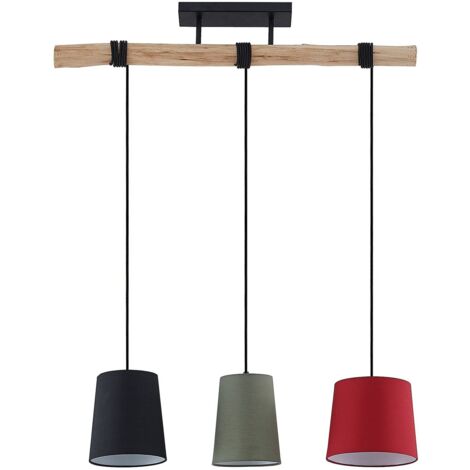 Lindby Amilia a sospensione, colorato, 3 luci - legno naturale, rosso, verde, nero