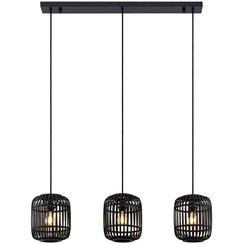 Image of Lampada a sospensione Lindby Canyana, nera, a 3 luci, rattan, 105 cm - nero